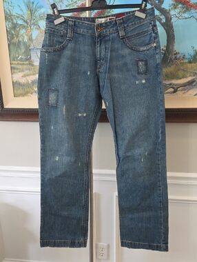 Quik Jeans Men’s Medium Blue Straight Jeans with Patch Accents